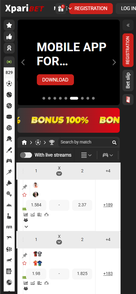 Xparibet mobile interface with sports fixtures, betting odds and app download banner